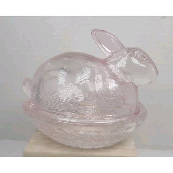 L.E. Smith Pink Glass Bunny Rabbit On Nest 4.5" Trinket Candy Dish VGUC Gorgeous - Picture 4 of 8
